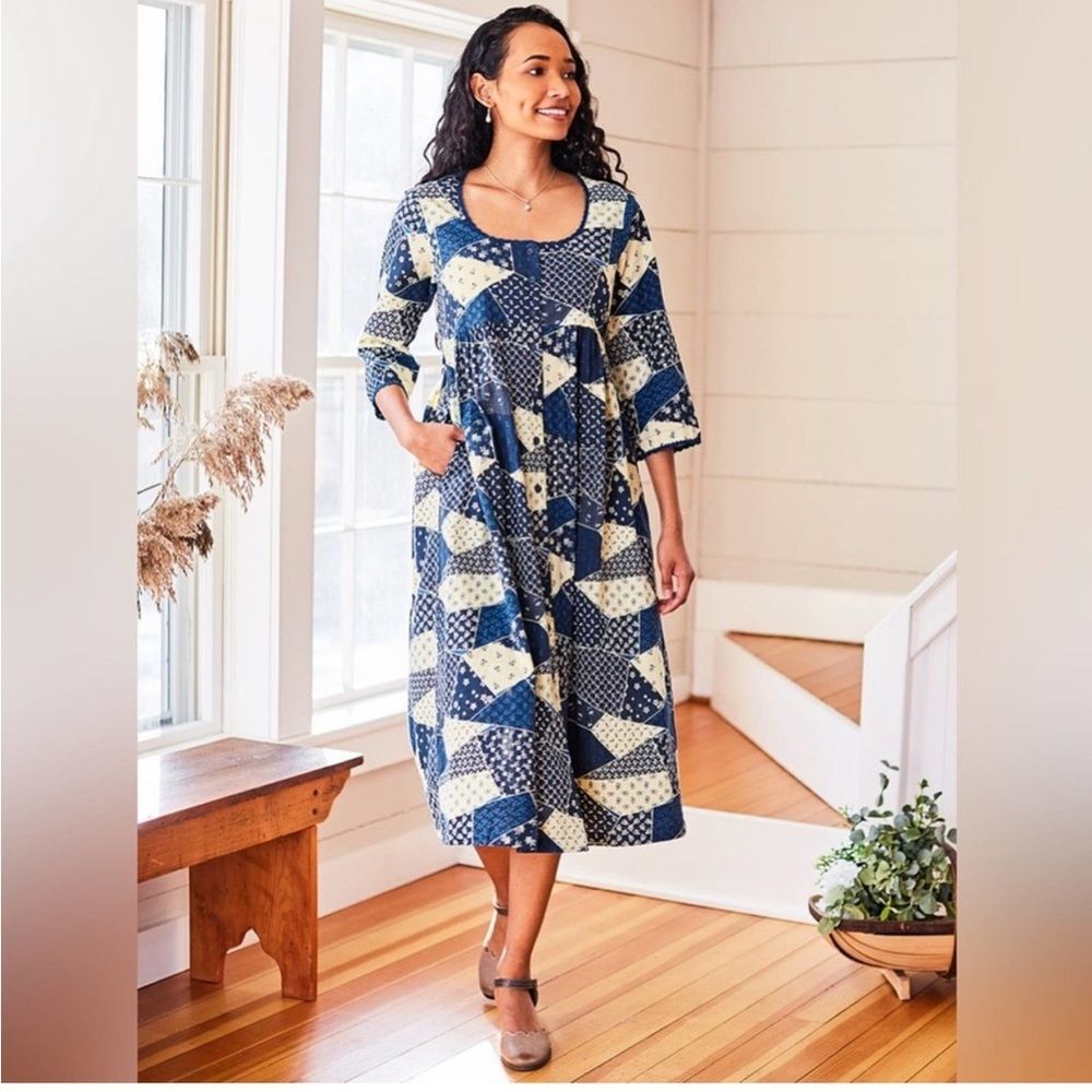 April Cornell Navy and Cream Patchwork Midi Dress